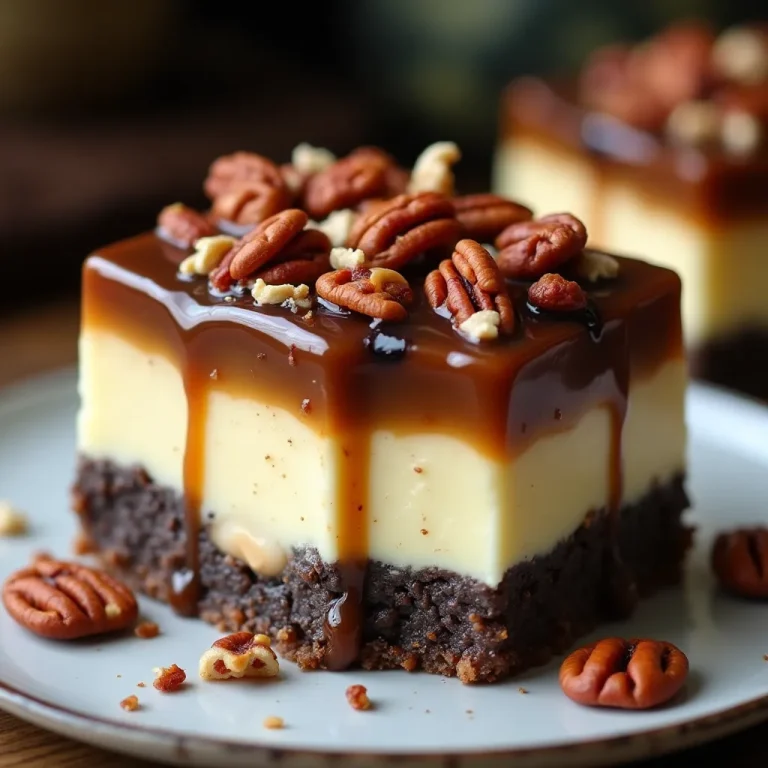 Caramel Pecan Turtle Cheesecake Bars